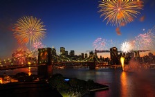 Brooklyn Bridge, Midtown Manhattan, New York, Fireworks, Twilight