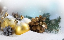 Gold Christmas Baubles with a Pine Branch