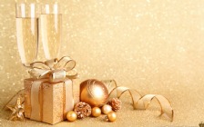 Gold Christmas Baubles with Presents & Champagne Glasses