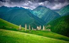 Battle Tower Complex "Erzi", Mountains, Green Field, Ingushetia, North Caucasus, Russia